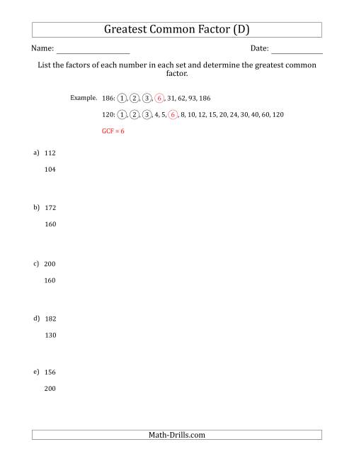 The Determining Greatest Common Factors of Sets of Two Numbers from 100 to 200 (D) Math Worksheet