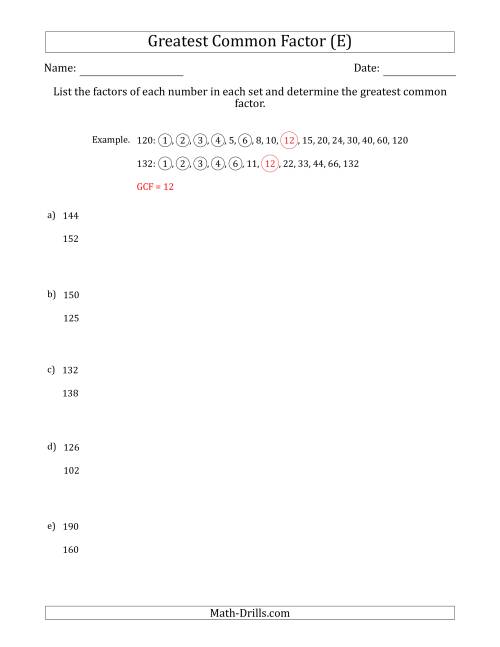 The Determining Greatest Common Factors of Sets of Two Numbers from 100 to 200 (E) Math Worksheet