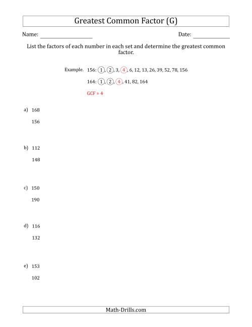 The Determining Greatest Common Factors of Sets of Two Numbers from 100 to 200 (G) Math Worksheet