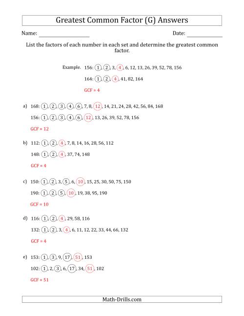 The Determining Greatest Common Factors of Sets of Two Numbers from 100 to 200 (G) Math Worksheet Page 2