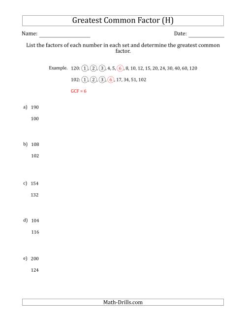 The Determining Greatest Common Factors of Sets of Two Numbers from 100 to 200 (H) Math Worksheet