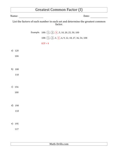 The Determining Greatest Common Factors of Sets of Two Numbers from 100 to 200 (I) Math Worksheet