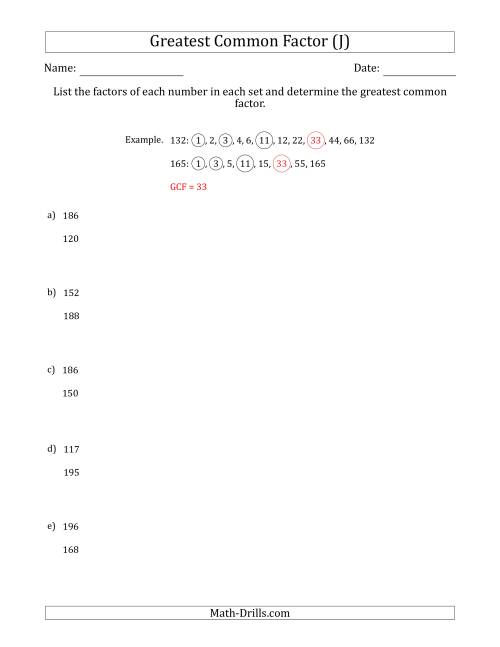 The Determining Greatest Common Factors of Sets of Two Numbers from 100 to 200 (J) Math Worksheet