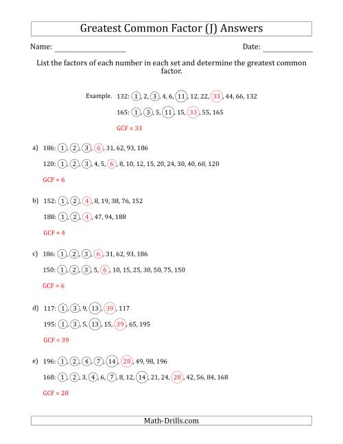 The Determining Greatest Common Factors of Sets of Two Numbers from 100 to 200 (J) Math Worksheet Page 2