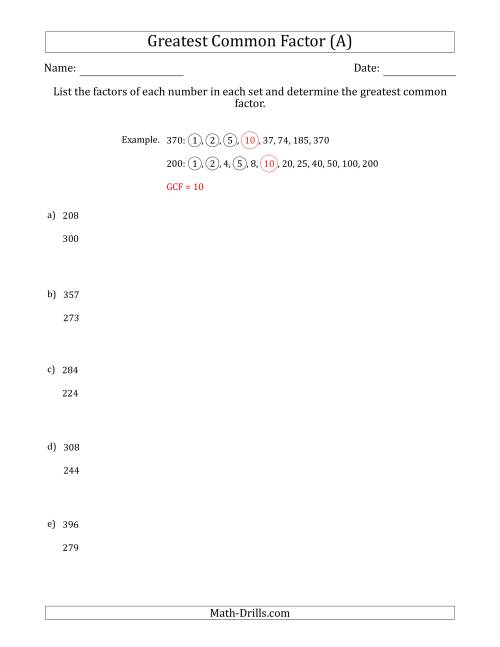 The Determining Greatest Common Factors of Sets of Two Numbers from 200 to 400 (A) Math Worksheet