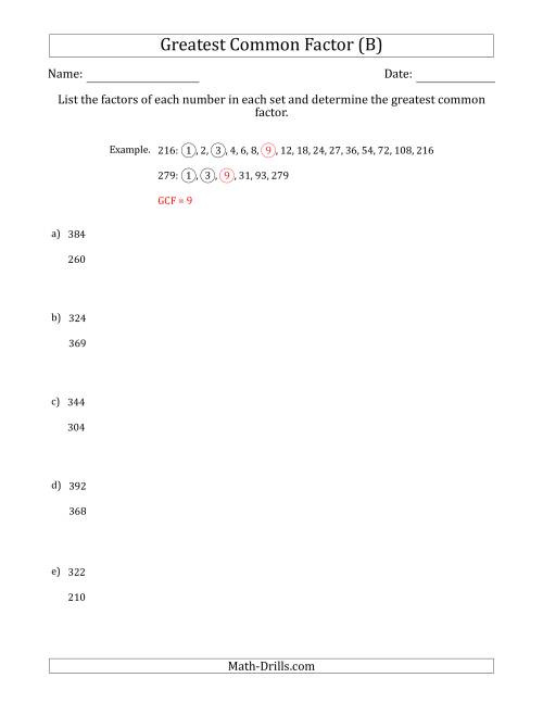 The Determining Greatest Common Factors of Sets of Two Numbers from 200 to 400 (B) Math Worksheet
