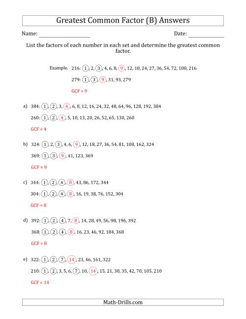 The Determining Greatest Common Factors of Sets of Two Numbers from 200 to 400 (B) Math Worksheet Page 2