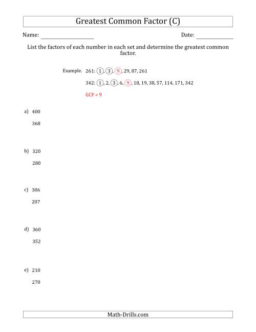 The Determining Greatest Common Factors of Sets of Two Numbers from 200 to 400 (C) Math Worksheet