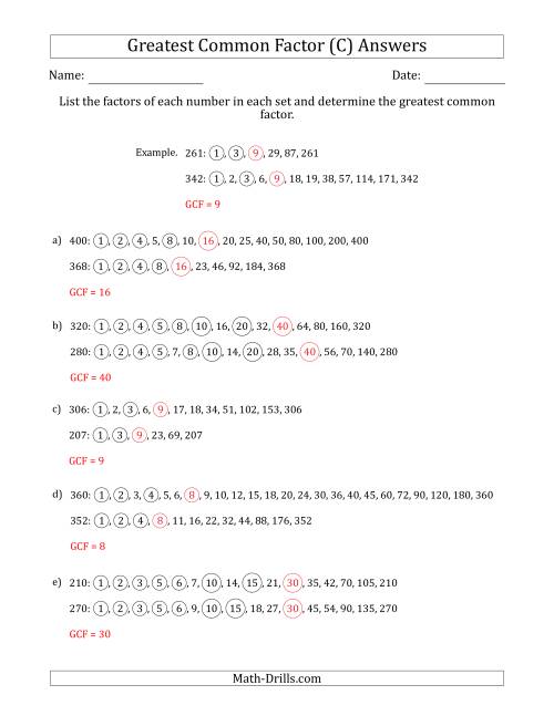 The Determining Greatest Common Factors of Sets of Two Numbers from 200 to 400 (C) Math Worksheet Page 2