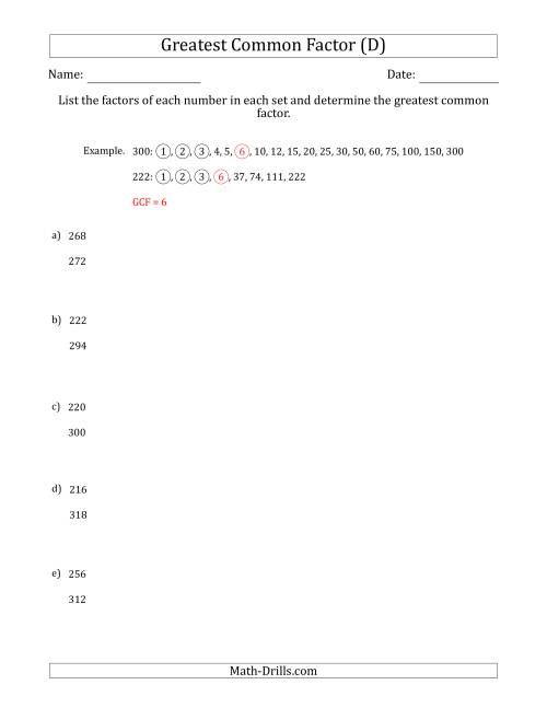 The Determining Greatest Common Factors of Sets of Two Numbers from 200 to 400 (D) Math Worksheet