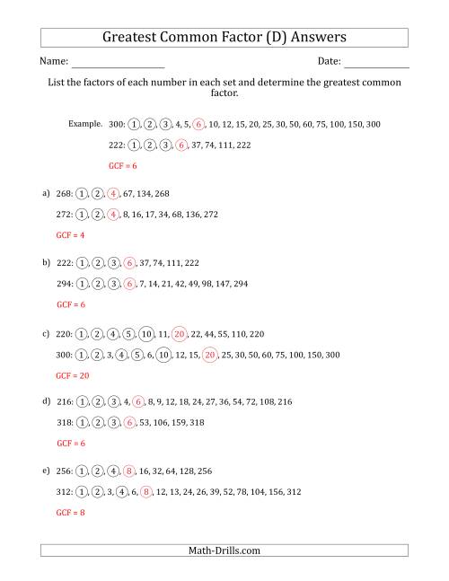 The Determining Greatest Common Factors of Sets of Two Numbers from 200 to 400 (D) Math Worksheet Page 2