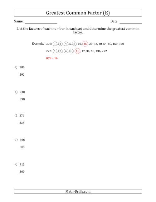 The Determining Greatest Common Factors of Sets of Two Numbers from 200 to 400 (E) Math Worksheet