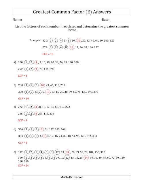 The Determining Greatest Common Factors of Sets of Two Numbers from 200 to 400 (E) Math Worksheet Page 2