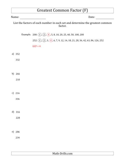 The Determining Greatest Common Factors of Sets of Two Numbers from 200 to 400 (F) Math Worksheet