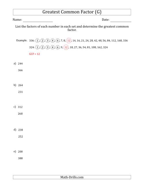 The Determining Greatest Common Factors of Sets of Two Numbers from 200 to 400 (G) Math Worksheet