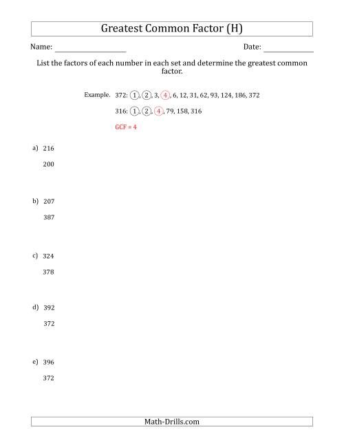 The Determining Greatest Common Factors of Sets of Two Numbers from 200 to 400 (H) Math Worksheet