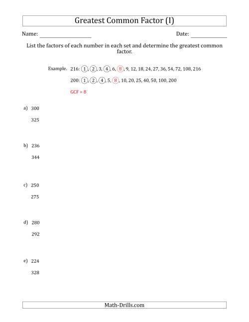 The Determining Greatest Common Factors of Sets of Two Numbers from 200 to 400 (I) Math Worksheet