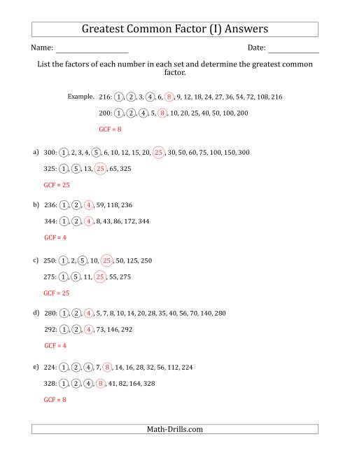 The Determining Greatest Common Factors of Sets of Two Numbers from 200 to 400 (I) Math Worksheet Page 2