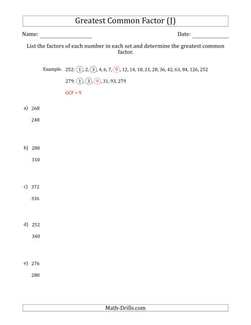 The Determining Greatest Common Factors of Sets of Two Numbers from 200 to 400 (J) Math Worksheet