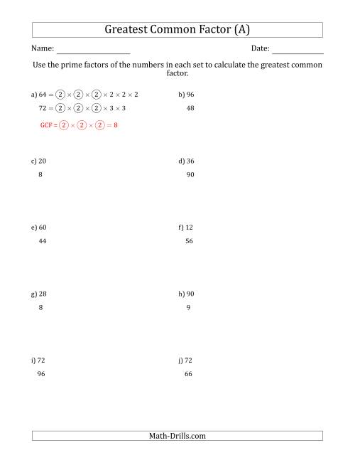 The Calculating Greatest Common Factors of Sets of Two Numbers from 4 to 100 Using Prime Factors (A) Math Worksheet