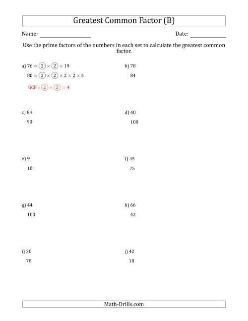 The Calculating Greatest Common Factors of Sets of Two Numbers from 4 to 100 Using Prime Factors (B) Math Worksheet
