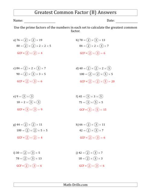 The Calculating Greatest Common Factors of Sets of Two Numbers from 4 to 100 Using Prime Factors (B) Math Worksheet Page 2