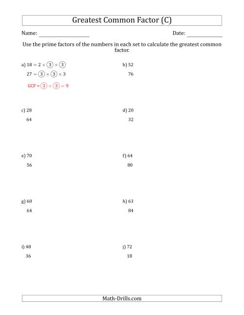 The Calculating Greatest Common Factors of Sets of Two Numbers from 4 to 100 Using Prime Factors (C) Math Worksheet