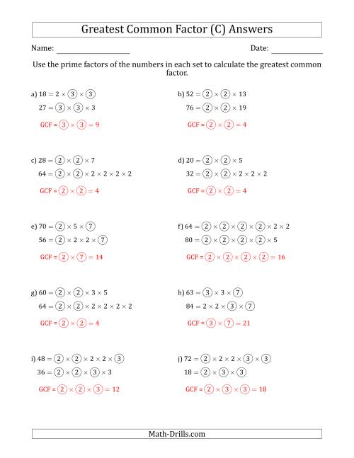 The Calculating Greatest Common Factors of Sets of Two Numbers from 4 to 100 Using Prime Factors (C) Math Worksheet Page 2
