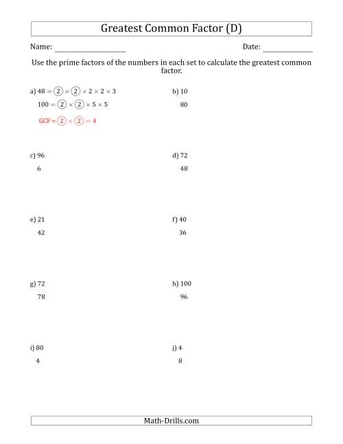 The Calculating Greatest Common Factors of Sets of Two Numbers from 4 to 100 Using Prime Factors (D) Math Worksheet