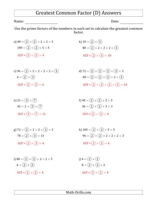 The Calculating Greatest Common Factors of Sets of Two Numbers from 4 to 100 Using Prime Factors (D) Math Worksheet Page 2
