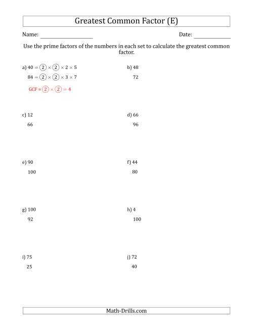 The Calculating Greatest Common Factors of Sets of Two Numbers from 4 to 100 Using Prime Factors (E) Math Worksheet