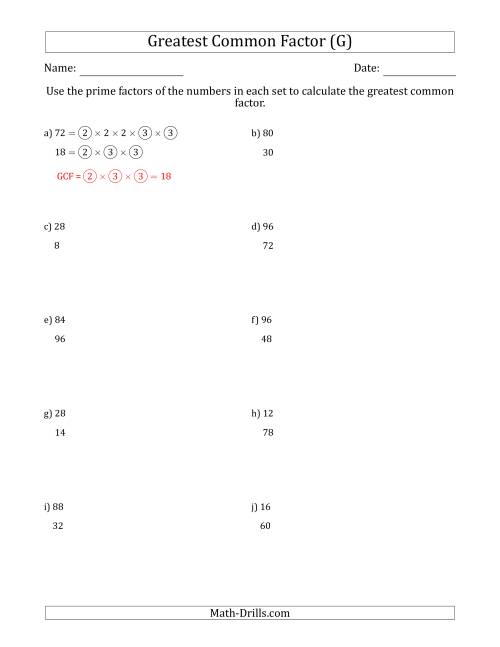 The Calculating Greatest Common Factors of Sets of Two Numbers from 4 to 100 Using Prime Factors (G) Math Worksheet