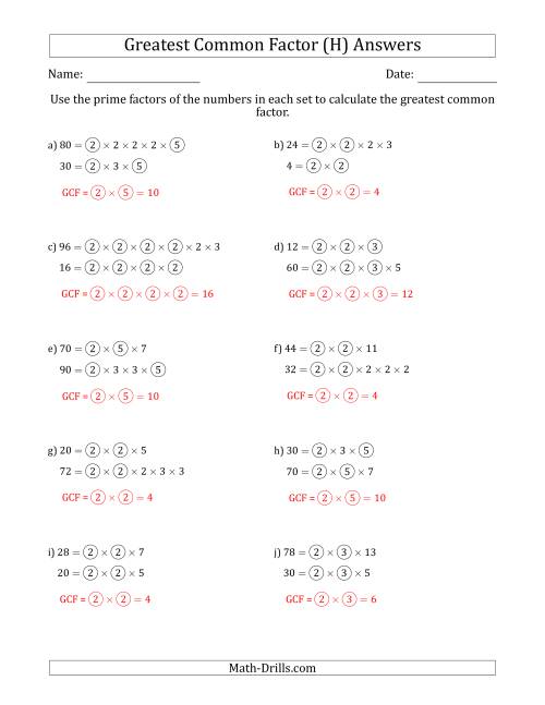 The Calculating Greatest Common Factors of Sets of Two Numbers from 4 to 100 Using Prime Factors (H) Math Worksheet Page 2