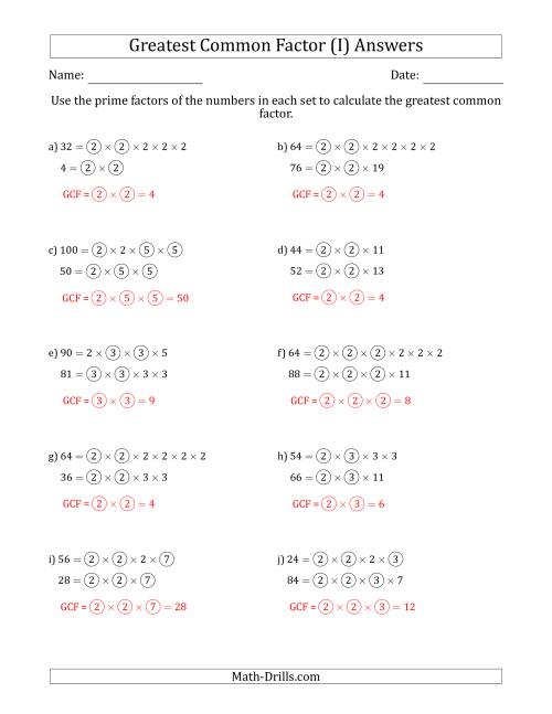 The Calculating Greatest Common Factors of Sets of Two Numbers from 4 to 100 Using Prime Factors (I) Math Worksheet Page 2