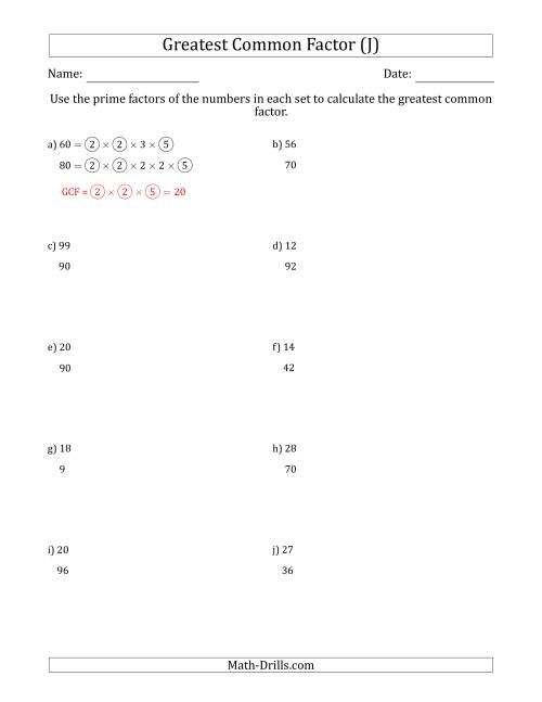 The Calculating Greatest Common Factors of Sets of Two Numbers from 4 to 100 Using Prime Factors (J) Math Worksheet