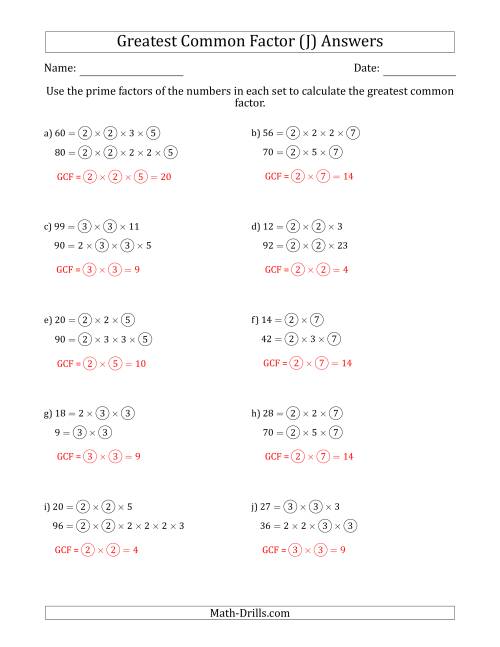 The Calculating Greatest Common Factors of Sets of Two Numbers from 4 to 100 Using Prime Factors (J) Math Worksheet Page 2