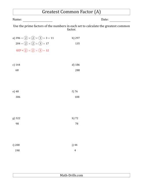 The Calculating Greatest Common Factors of Sets of Two Numbers from 4 to 400 Using Prime Factors (A) Math Worksheet