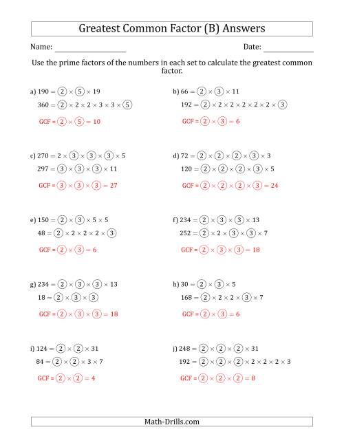 The Calculating Greatest Common Factors of Sets of Two Numbers from 4 to 400 Using Prime Factors (B) Math Worksheet Page 2