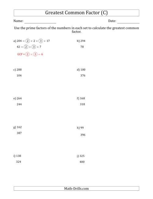 The Calculating Greatest Common Factors of Sets of Two Numbers from 4 to 400 Using Prime Factors (C) Math Worksheet