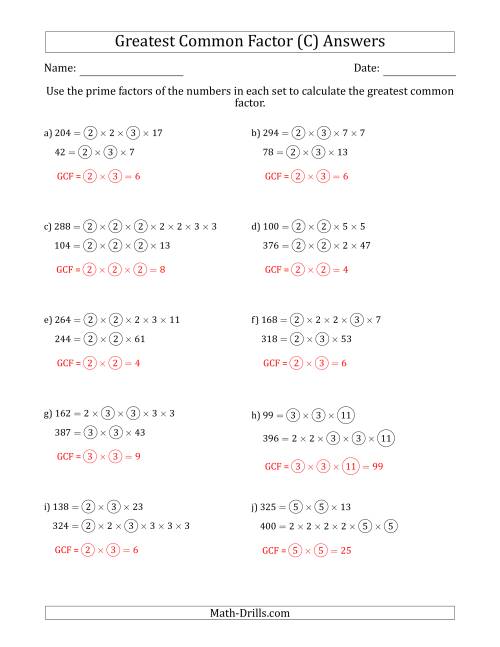 The Calculating Greatest Common Factors of Sets of Two Numbers from 4 to 400 Using Prime Factors (C) Math Worksheet Page 2
