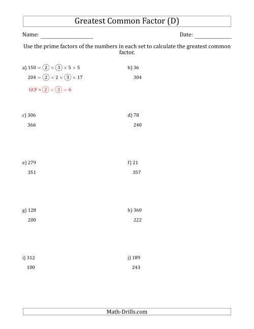The Calculating Greatest Common Factors of Sets of Two Numbers from 4 to 400 Using Prime Factors (D) Math Worksheet