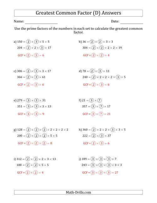 The Calculating Greatest Common Factors of Sets of Two Numbers from 4 to 400 Using Prime Factors (D) Math Worksheet Page 2