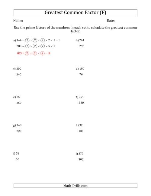The Calculating Greatest Common Factors of Sets of Two Numbers from 4 to 400 Using Prime Factors (F) Math Worksheet