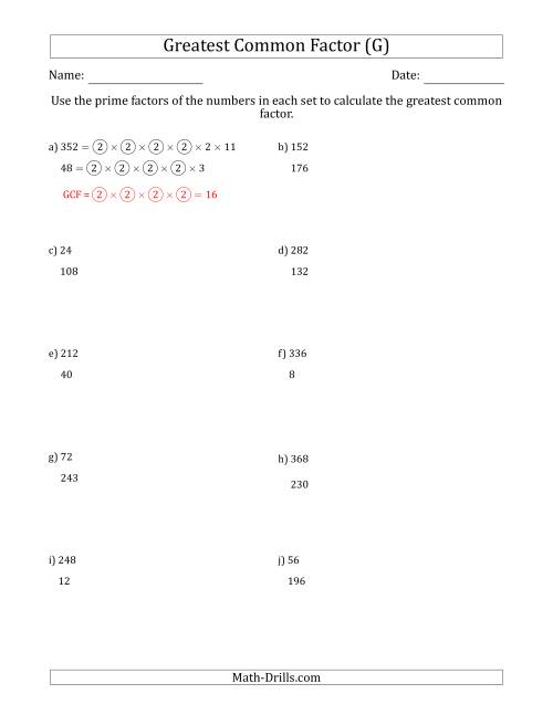 The Calculating Greatest Common Factors of Sets of Two Numbers from 4 to 400 Using Prime Factors (G) Math Worksheet