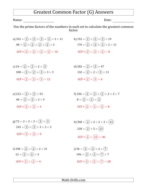 The Calculating Greatest Common Factors of Sets of Two Numbers from 4 to 400 Using Prime Factors (G) Math Worksheet Page 2