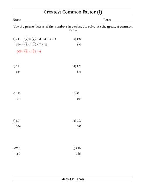 The Calculating Greatest Common Factors of Sets of Two Numbers from 4 to 400 Using Prime Factors (I) Math Worksheet