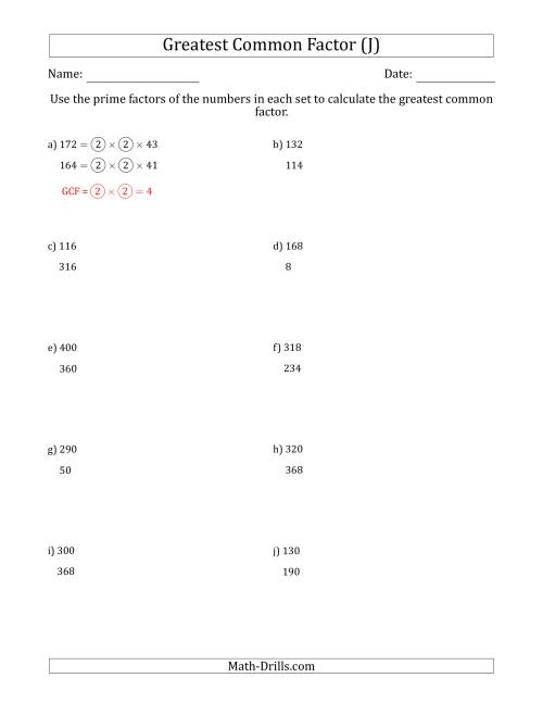 The Calculating Greatest Common Factors of Sets of Two Numbers from 4 to 400 Using Prime Factors (J) Math Worksheet