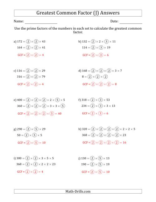 The Calculating Greatest Common Factors of Sets of Two Numbers from 4 to 400 Using Prime Factors (J) Math Worksheet Page 2
