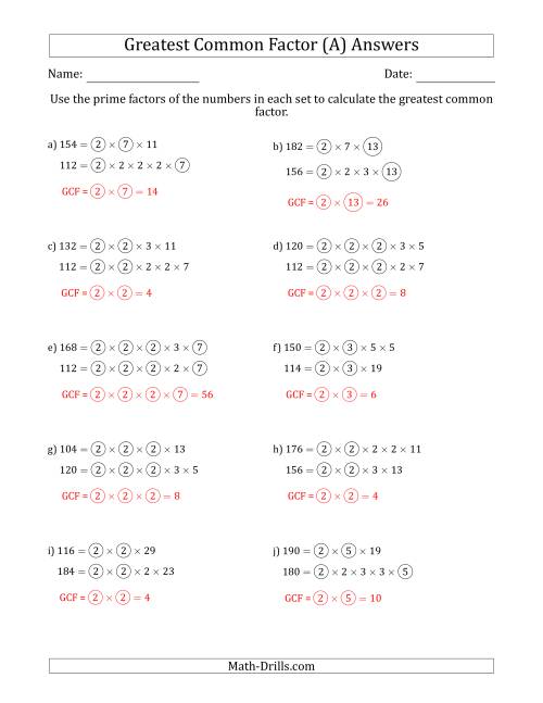The Calculating Greatest Common Factors of Sets of Two Numbers from 100 to 200 Using Prime Factors (A) Math Worksheet Page 2