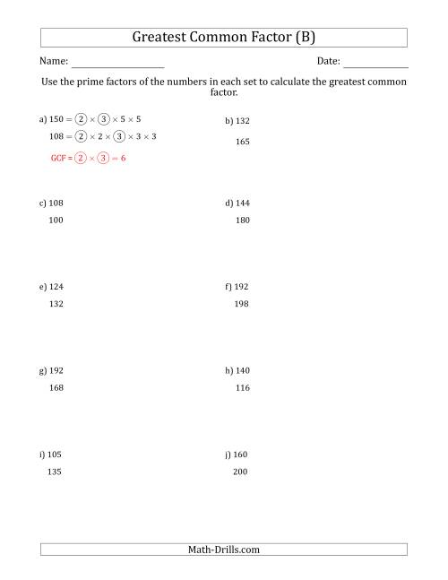 The Calculating Greatest Common Factors of Sets of Two Numbers from 100 to 200 Using Prime Factors (B) Math Worksheet